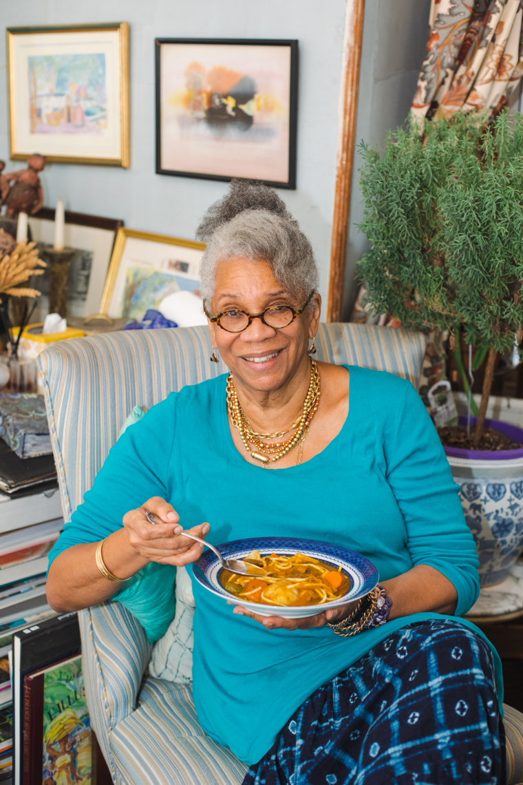 Chef Jessica Harris cooking up Soupe Joumou, a hearty stew cooked with pumpkin or winter squash, carrots, meat and potatoes  native to Haitian cuisine.