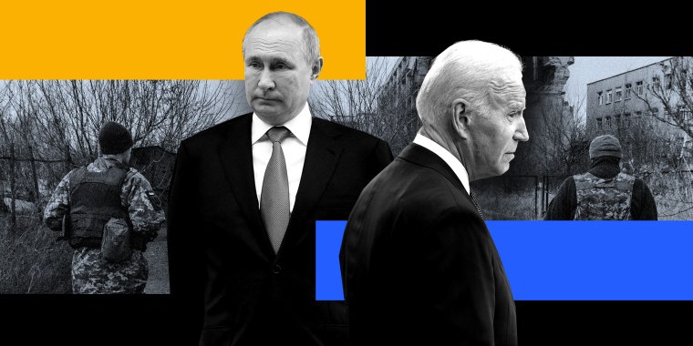Photo illustration: Images of Vladimir Putin and Joe Biden looking in different directions against an image of soldiers walking past destroyed buildings in Ukraine.