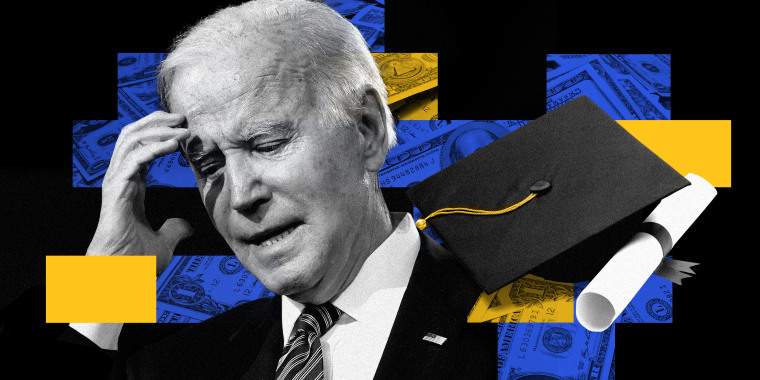 Photo illustration: Image of Joe Biden, a graduation cap and a degree against blocks showing dollar bills.