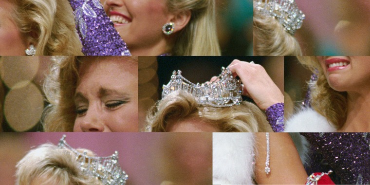 Photo collage: A mosaic of close up shots of a woman wearing a crown crowning another woman.