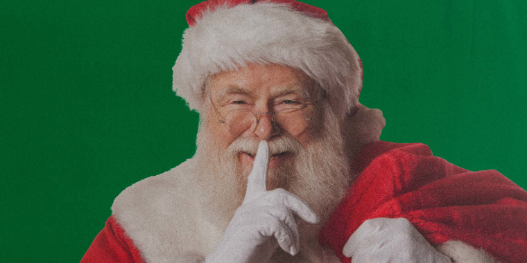 Photo illustration of Santa holding his finger up to his lips.