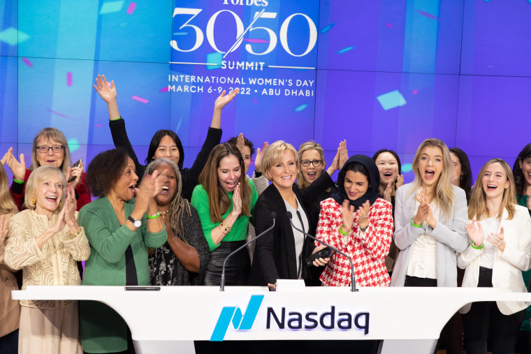 Know Your Value founder and "Morning Joe" co-host Mika Brzezinski, center, on Thursday morning at the Nasdaq bell-ringing ceremony, highlighting the Forbes 30-50 Summit.