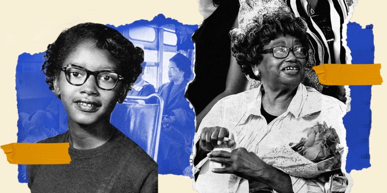 Photo illustration: Overlapping pieces of  paper show a portrait of a young Claudette Colvin from 1954, image of Rosa Parks sitting and a present day image of Colvin.