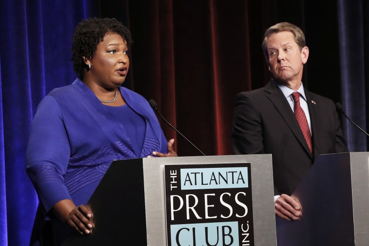 Georgia gubernatorial candidates Democrat Stacey Abrams and Republican Brian Kemp participate in a debate in Atlanta October 23, 2018.