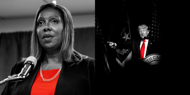 Photo illustration: Images of Letitia James speaking and Donald Trump speaking on stage pointing to the left.