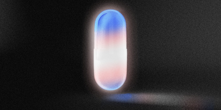 Illustration: A floating pill with the transgender pride colors glowing in a dark room.