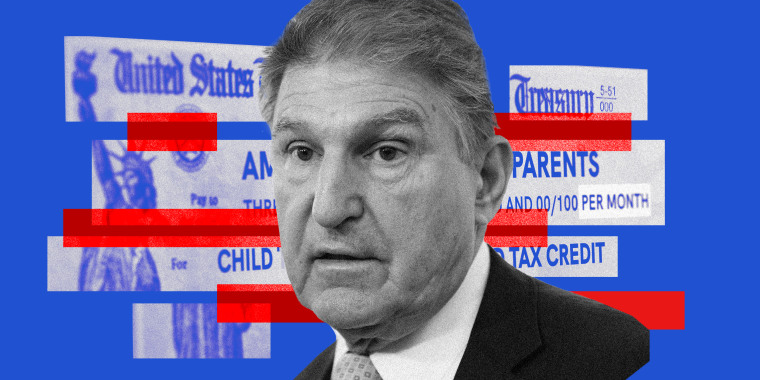 Photo illustration: Joe Manchin against a sliced and taped cheque that shows parts of text that read,\" US State Treasury, Parents, Child Tac Credit\".