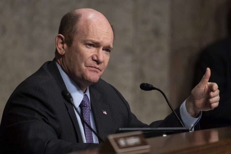 Sen. Chris Coons, D-Del., speaks during a Senate Foreign Relations Committee hearing on Dec. 7, 2021.