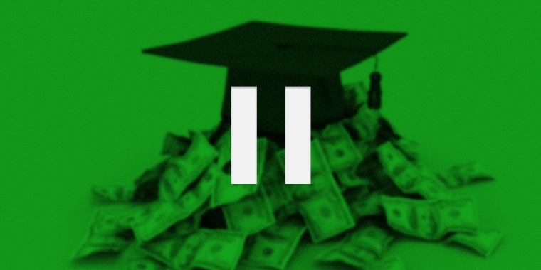 Photo illustration: A pause symbol over a green blurred photo of a graduation cap sitting over a pile of money.