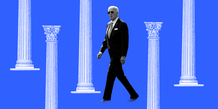Photo illustration: Joe Biden walking with pillars surrounding him.