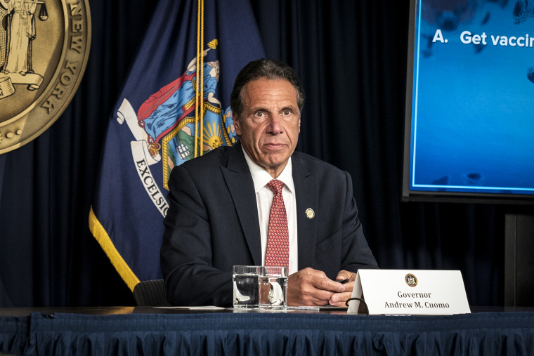 Then-Governor Andrew Cuomo holds a press briefing on Aug. 2, 2021 in New York.