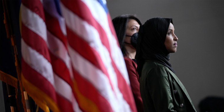 Image: Ilhan Omar attends a news conference on Capitol Hill.