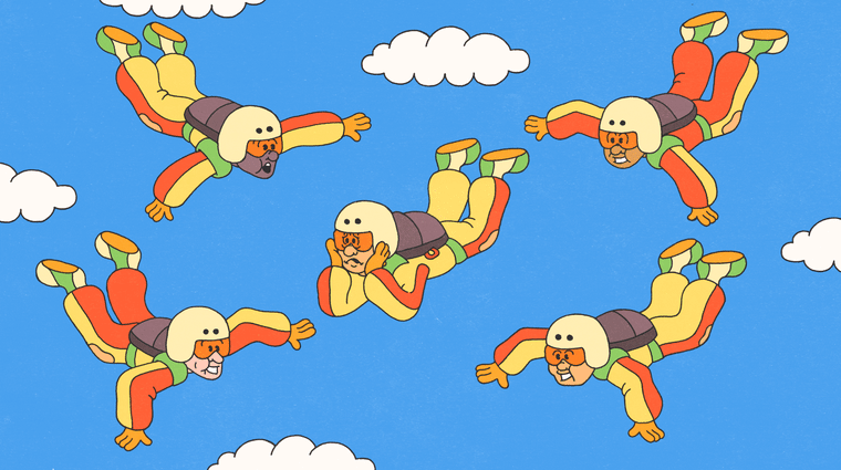 Animated illustration of a bored looking skydiver.