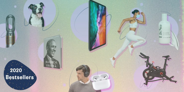 Illustration of NBC bestseller 2020 products. An air purifier by Dyson, a happy dog, the book the Promise Land by Barack Obama, an iPad Pro, a girl running with a mask, LivSo shampoo and an Echelon stationary bike.