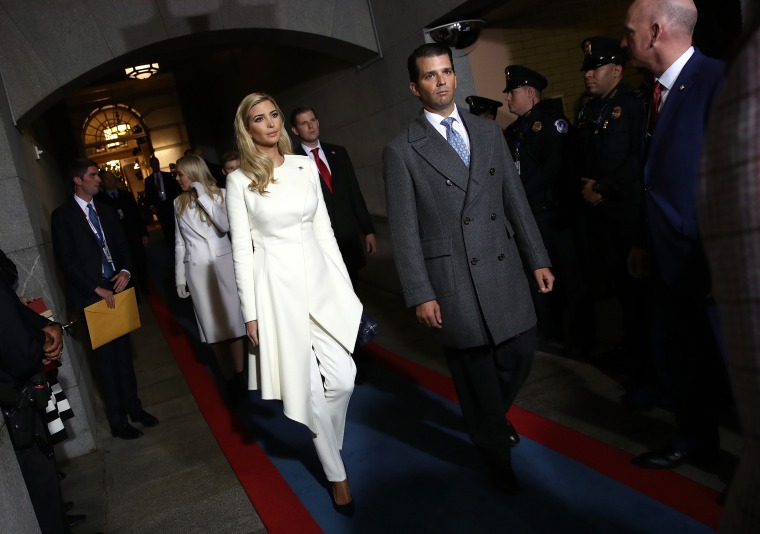 Ivanka Trump and Donald Trump Jr. arrive on the west front of the Capitol for Donald Trump's inauguration ceremony on Jan. 20, 2017.