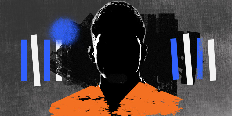 Photo illustration: Silhouette of a man in an orange shirt against bars in the background.