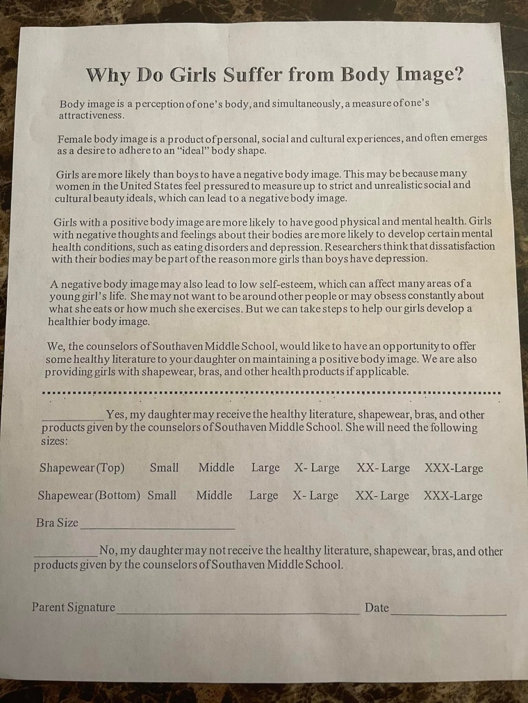 The letter asks parents for their permission for school counselors to offer middle school girls shapewear and bras. The school has since ended the program.