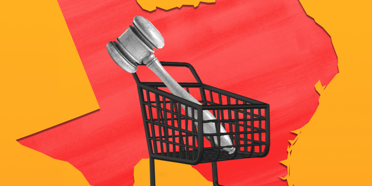 Photo illustration: A shopping cart with a gavel over the state map of Texas.