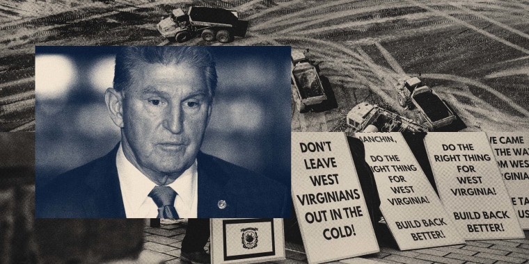 Photo illustration of Sen. Joe Manchin, D-W.Va., and trucks carrying coal, and protesters asking for Manchin to help pass the \"Build Back Better\" bill.