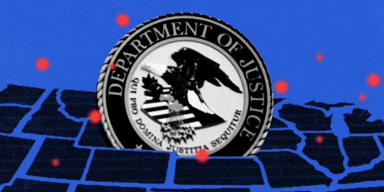Photo illustration: The seal of the Department of Justice sits between state boundaries with blurry red dots hovering above the states.
