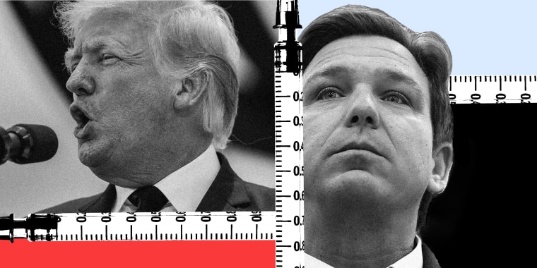 Photo illustration: Vaccine syringes diving images of Donald Trump and Ron DeSantis looking in different directions.