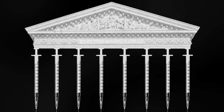 Photo Illustration: Vaccine syringes hold up the roof of the Supreme Court