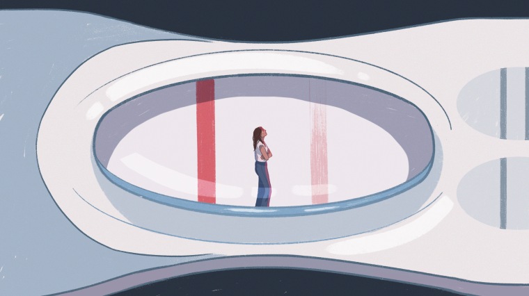 Illustration of a woman in a pregnancy test window, waiting for a second line to appear.