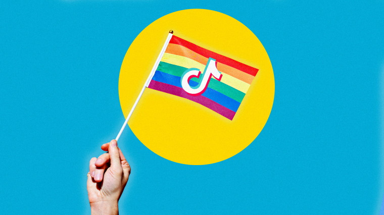 Photo illustration of a rainbow Pride flag with the TikTok logo.