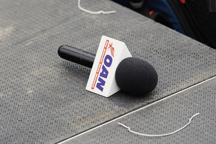 A One America News Network (OAN) microphone
