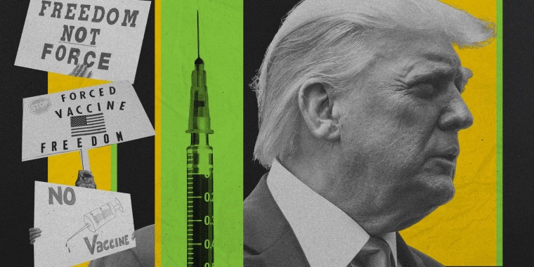 Photo illustration of anti-vaccine protest signs, a syringe, and former-President Donald Trump