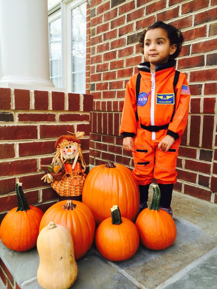 Jaya Iyer had trouble finding space-themed clothing for her astronaut-obsessed daughter, pictured above.