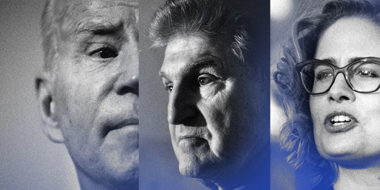 Photo illustration: Images of Joe Biden, Joe Manchin and Kyrsten Sinema