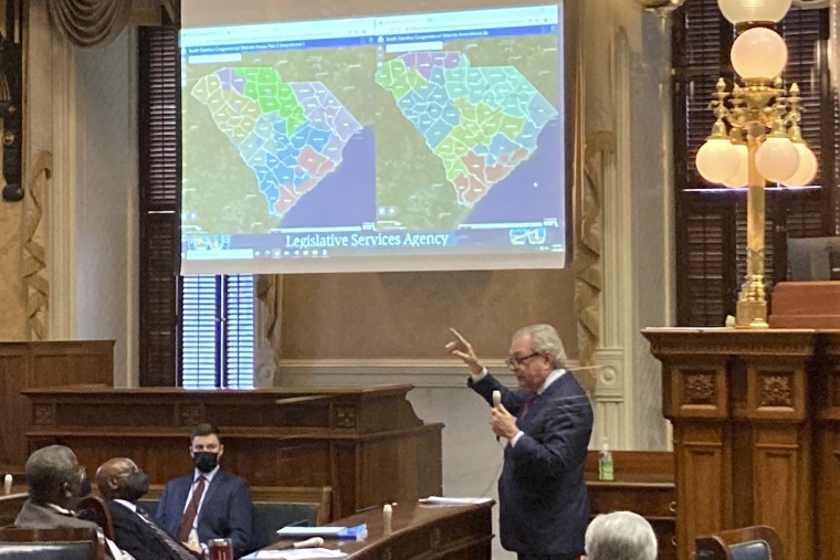 State Sen. Dick Harpootlian, D-Columbia, compares his proposed map of U.S. House districts drawn with 2020 U.S. Census data to a plan supported by Republicans on Jan. 20, 2022, in Columbia, S.C.