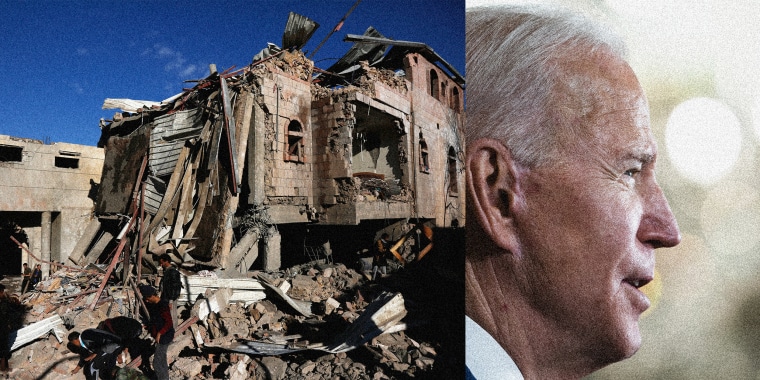 Image of people inspecting the scene of an aerial attack next to an image of Joe Biden looking away.