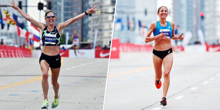 Image: Keira D'Amato, left, and Sara Hall at 2021 Chicago Marathon.