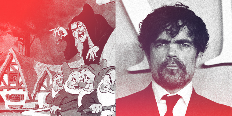 Photo illustration: A still from Snow White and the Seven Dwarves showing the witch behind the dwarves and an image of Peter Dinklage.