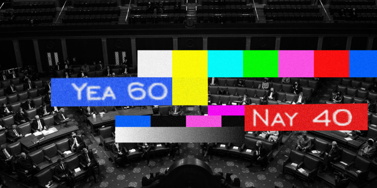 Photo illustration: Television color bars with one bar reading,\"Yea 60\" and another one that reads,\"Nay 40\" over an image of the Senate floor.