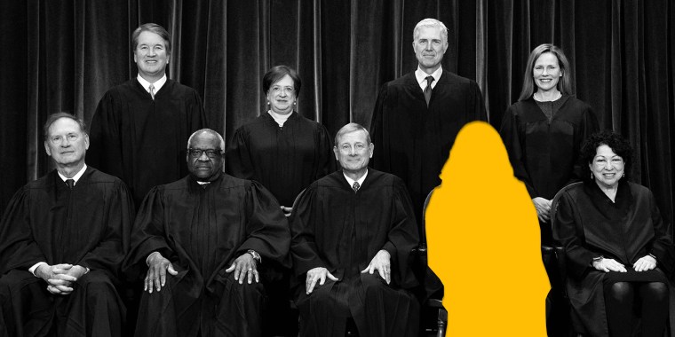 Photo illustration: Photo of the Neil Gorsuch, Amy Coney Barrett standing behind John Roberts, a cutout silouette of a woman and Sonia Sotomayor.