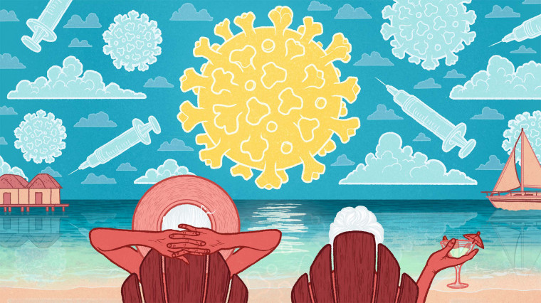 Illustration of a retired couple lounging on a beach with a Covid spore-shaped sun and spore and vaccine-shaped clouds linger in the sky.