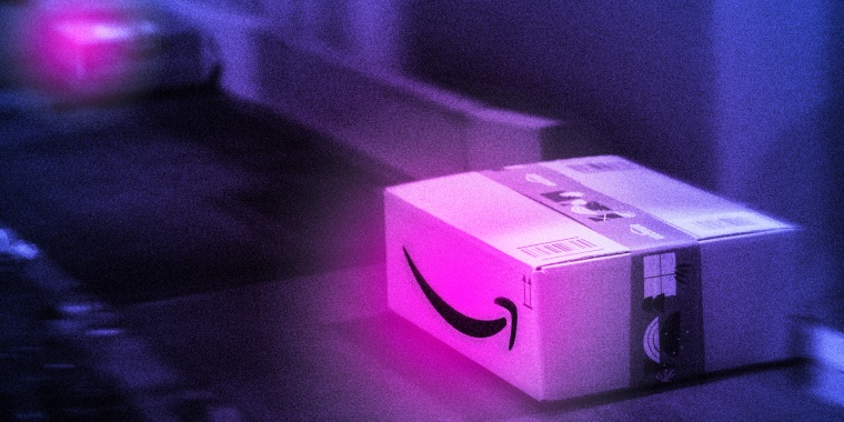 Photo illustration: A conveyor belt carrying glowing packages with the Amazon logo.