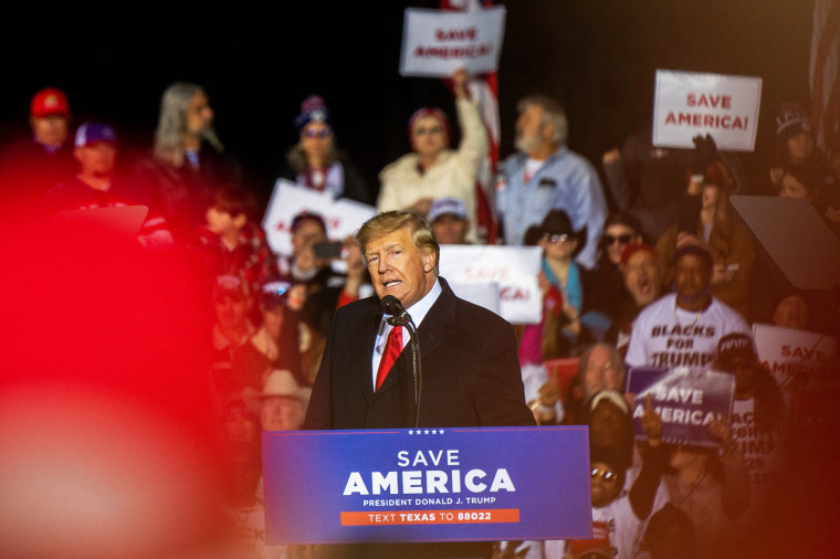 Former President Donald Trump speaks at a rally on Jan. 29, 2022, in Conroe, Texas.