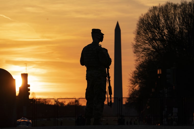 A member of the National Guard patrols outside of the U.S. Capitol on March 8, 2021, in Washington.