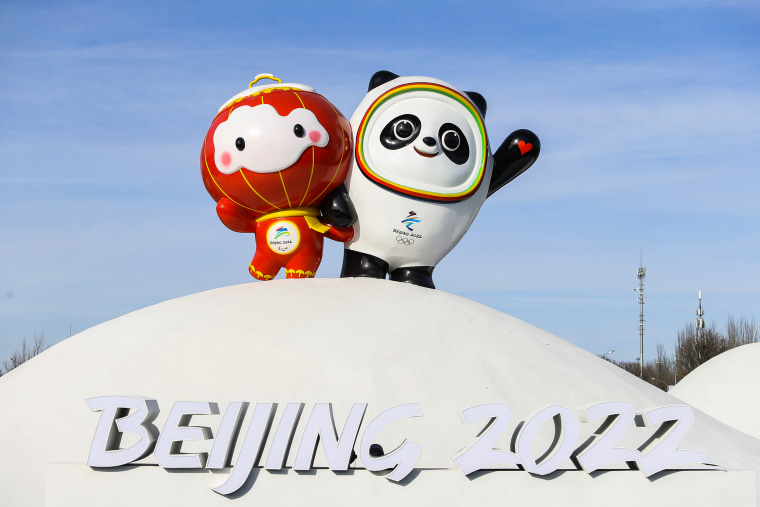 BEIJING, CHINA - JANUARY 28: Beijing 2022 mascots Bing Dwen Dwen and Shuey Rhon Rhon are seen at Beijing Winter Olympic Village on January 28, 2022 in Beijing, China. Beijing Winter Olympic Village officially opened on Thursday. (Photo by VCG/VCG via Getty Images)