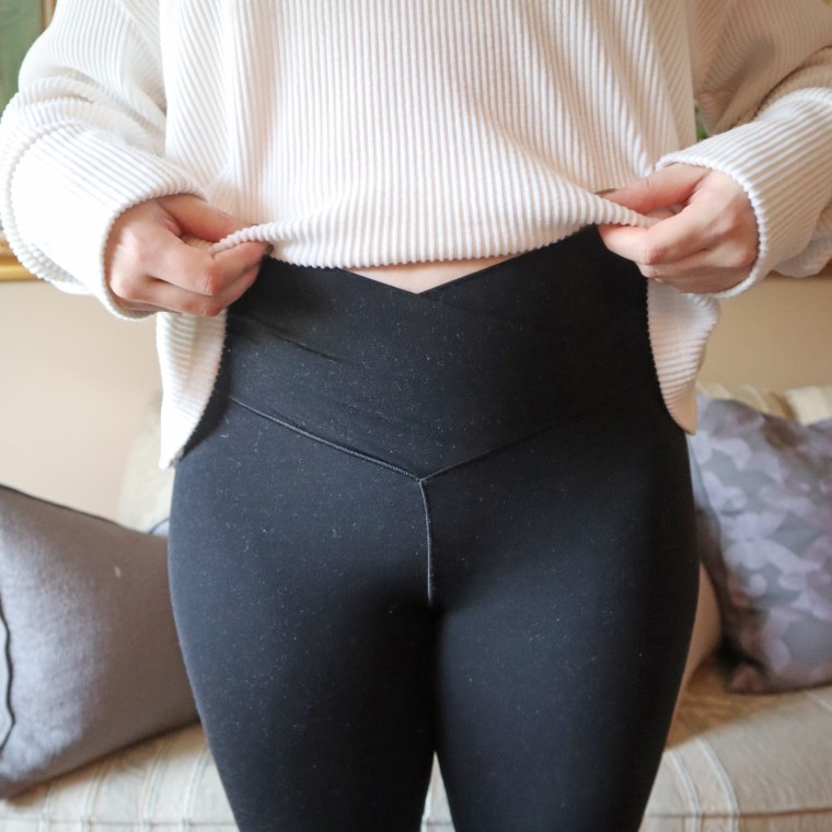 Social Editor Rebecca Shinners wearing the Aerie Real Me High Waisted Crossover Flare Leggings