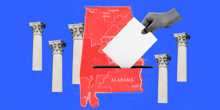 Photo illustration: A hand casting a ballot against the map of Alabama interspersed with cutouts of five pillars.