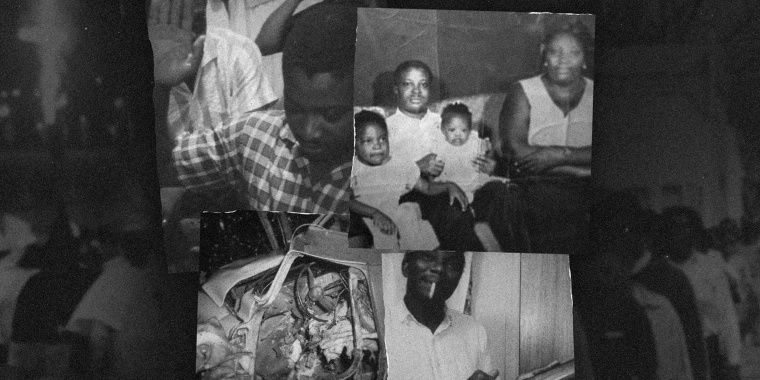 Photo collage: Images of a Wharlest Jackson Sr, Wharlest Jackson Sr's family, Wharlest Jackson Sr's mangled truck, and James Jackson against an image of  background.