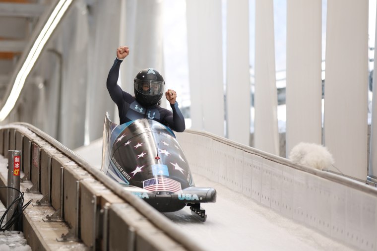 Silver medalist Elana Meyers Taylor of Team United States celebrates during the Women's Monobob Bobsleigh Heat 4 on day 10 of Beijing 2022 Winter Olympic Games at National Sliding Centre on February 14, 2022 in Yanqing, China.