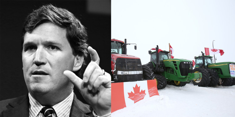 Photo composite: An image of Tucker Carlson next to an image of tractors lined up at the U.S.- Canada border.