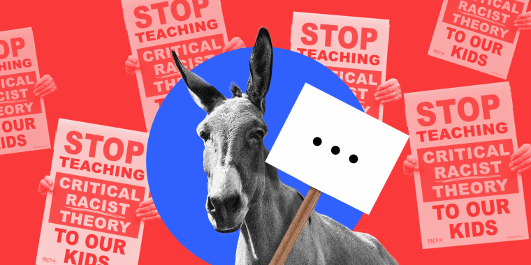 Photo illustration: A donkey holding a blank sign with three dots on it against a red background with multiple signs that read,\"Stop teaching Critical Racist Theory to our kids\".