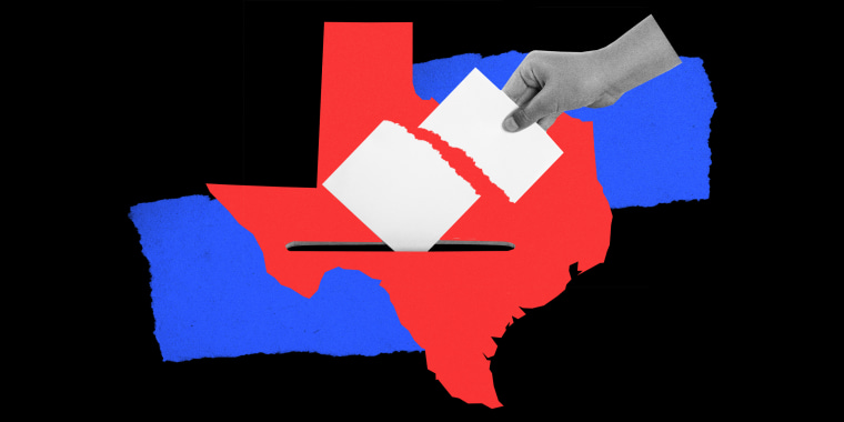 Photo illustration: A hand putting a torn ballot into a the map of Texas.
